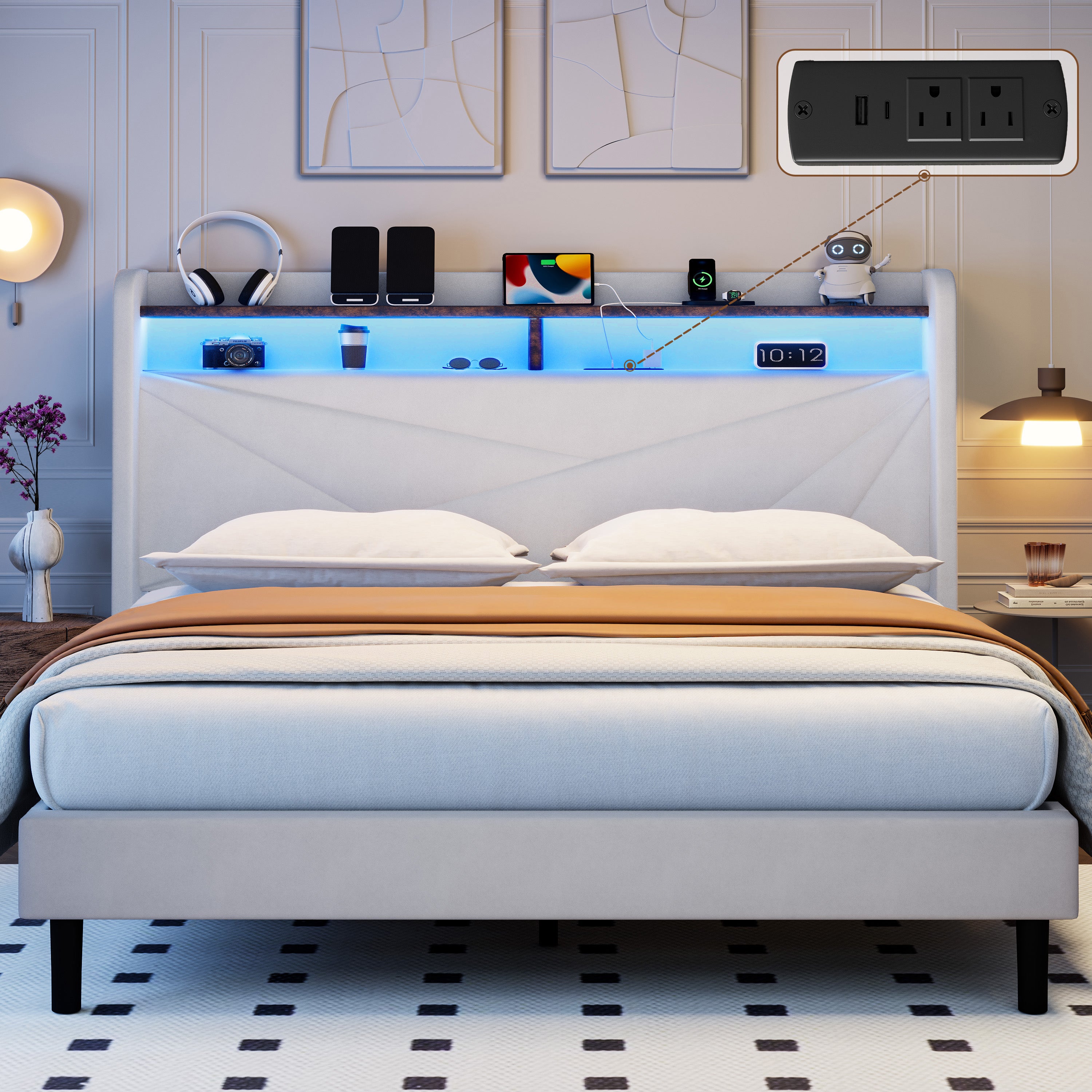 Frostbloom  Upholstered Platform Bed with Geometric Wingback Headboard, LED Light, Storage Shelves & Built-in Charging Station