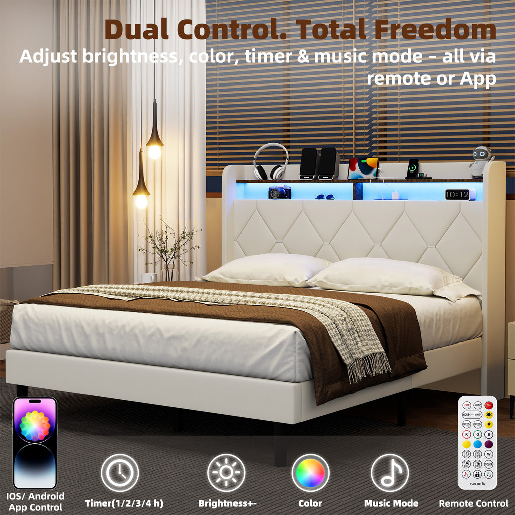 Frostbloom King Size Bed Frame with 2-Tier Storage Shelf, Charging Station & Velvet Wingback Headboard, Off-White