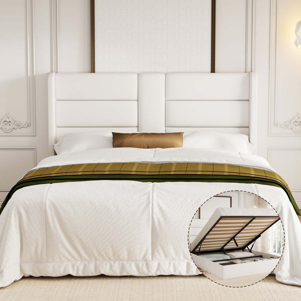 Frostbloom Queen Size Lift Up Hydraulic Storage Bed Frame Velvet Upholstered Wingback Headboard Off-White