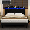 Frostbloom Full Size Bed Frame with 2-Tier Storage Shelf, Charging Station & Velvet Wingback Headboard, Black