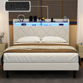 Frostbloom Full Size Bed Frame with 2-Tier Storage Shelf, Charging Station & Velvet Wingback Headboard, Off-White