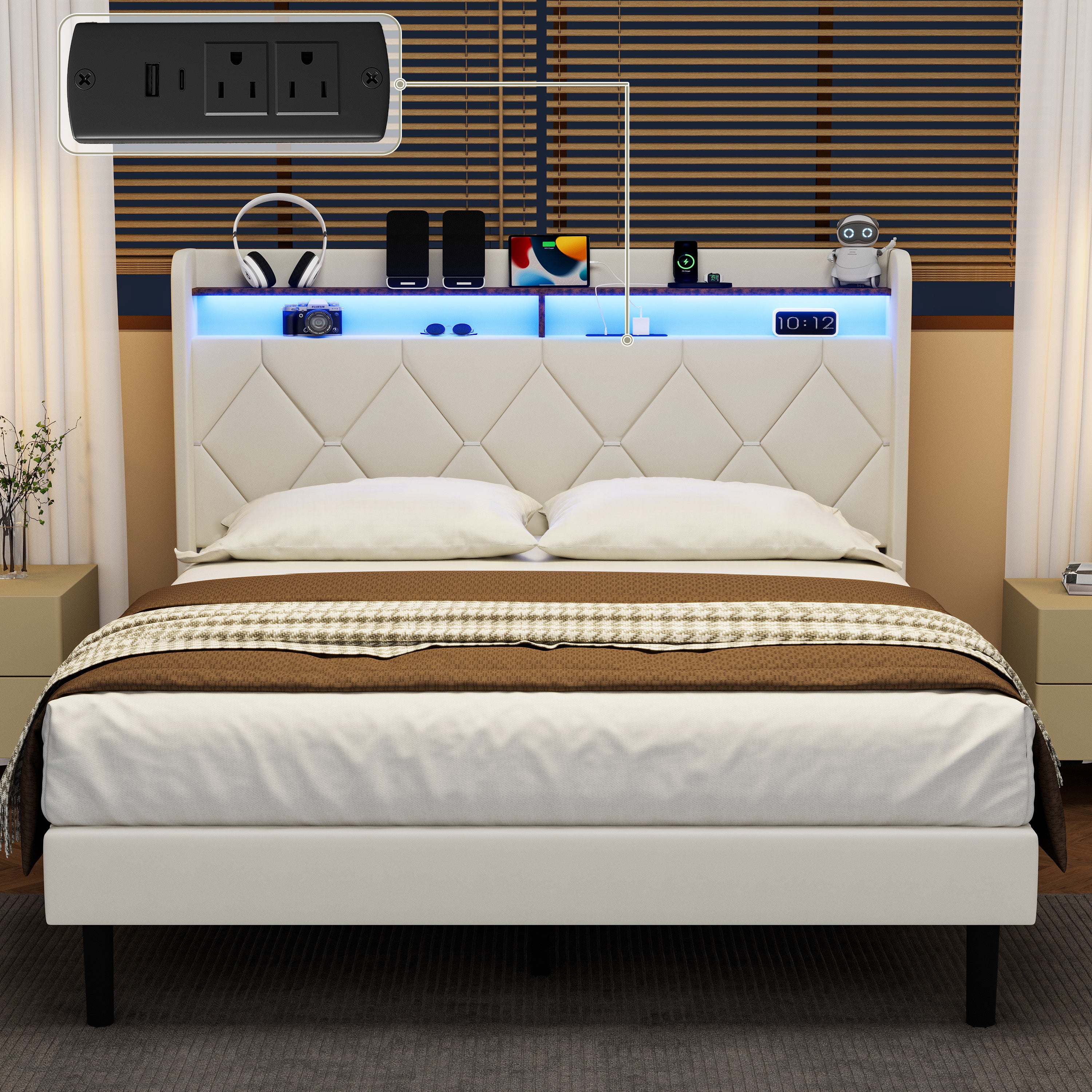 Frostbloom Full Size Bed Frame with 2-Tier Storage Shelf, Charging Station & Velvet Wingback Headboard, Off-White