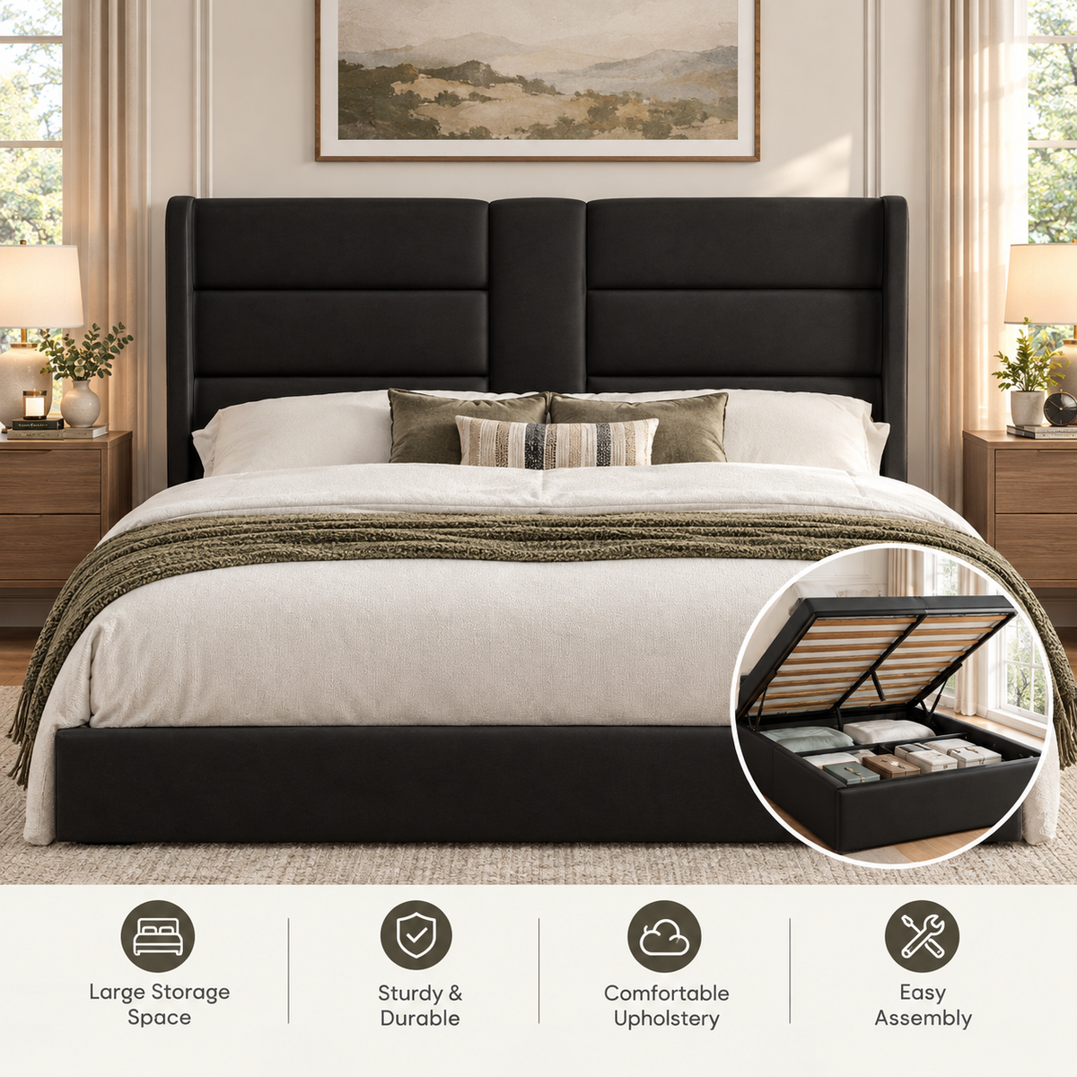 Frostbloom Queen Size Lift Up Hydraulic Storage Bed Frame Velvet Upholstered Wingback Headboard Black